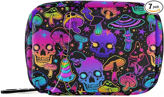 Pill Box Colorful Skull Mushroom 7 Day Pill Case Travel Pill Organizer Bag with Zipper Portable Weekly Vitamin Medicine Supplement Holder Pouch Bag