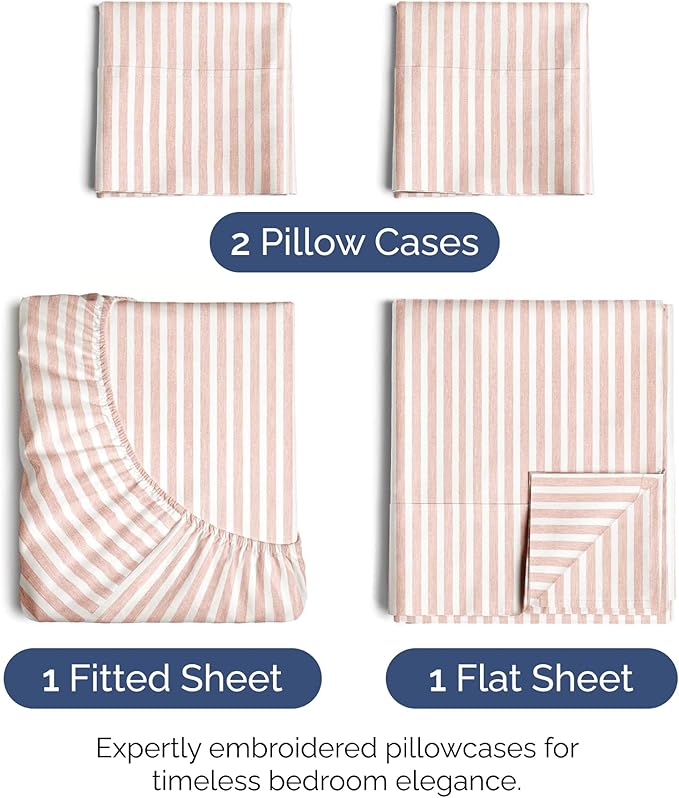 Cal King Size 4 Piece Sheet Set - Extra Soft, Breathable & Cooling Sheets - Hotel Luxury Bed Sheets for Women & Men - Deep Pockets, Easy-Fit & Wrinkle-Free Sheets - Blush Stripes Oeko-Tex Bed Sheets