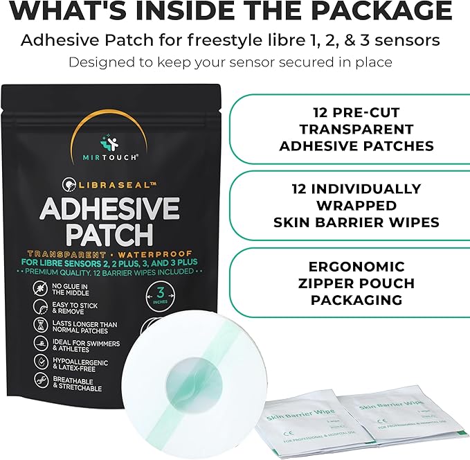 Transparent Waterproof CGM Sensor Patches for Freestyle Libre 1, 2, 3 & Plus - No Glue in Center - 12 Adhesive Patches Plus 12 Skin Prep Wipes - Hypoallergenic Glucose Monitor Patch Set