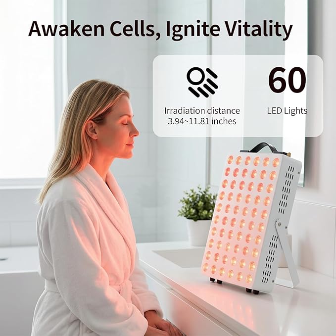 Red Light Therapy for Body, 660nm 850nm Near Infrared Light Therapy Panel with Stand and Handle, 60 Dual Chip LEDs, Ideal Xmas Gift, for Body, Face, Recovery, Sleep, Skin Health, White