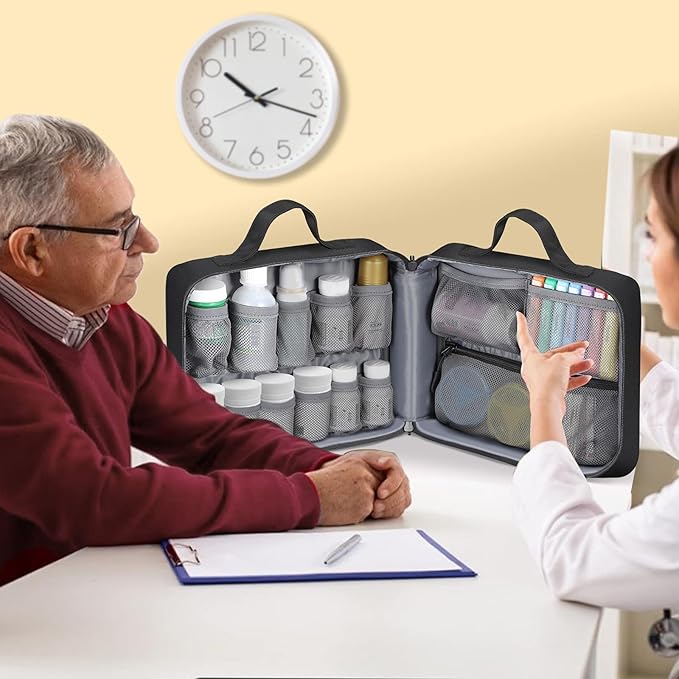 SITHON Pill Bottle Organizer Medicine Storage Bag Medication Travel Carrying Case Manager with Handle, Fixed Pockets for Medications, Vitamins, Medical Supplies, Black