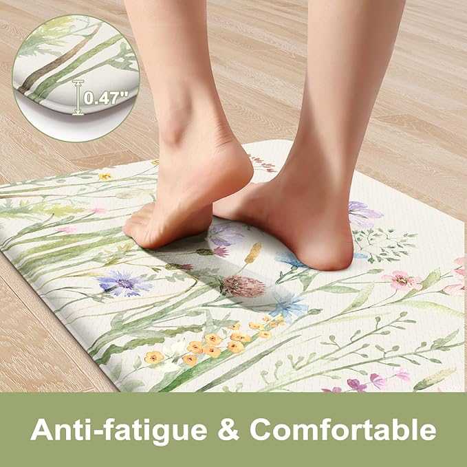 KIMODE Anti Fatigue Kitchen Mats for Floor 2 Piece, Cushioned Floral Kitchen Rugs, Memory Foam Kitchen Floor Mats, Summer Standing Desk Mats for Laundry Office Sink White 20"x71"+20"x32"