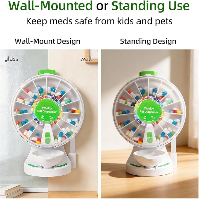 Weekly Pill Dispenser, 14 Compartment Pill Organizer with One-Press Button, Wall Mount or Countertop Medicine Dispenser with Cup, Easy Medication & Vitamin Organizer for Seniors (Green)
