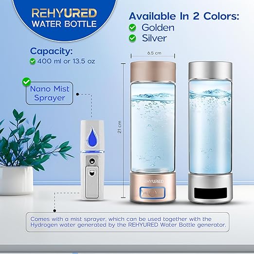 Hydrogen Water Bottle Generator - Hydrogen Water Bottle with Up to 6000ppb, 400ml Glass, Lightweight and Portable Design, Rechargeable USB/Battery/Electric Power, Gold/Silver (Silver)