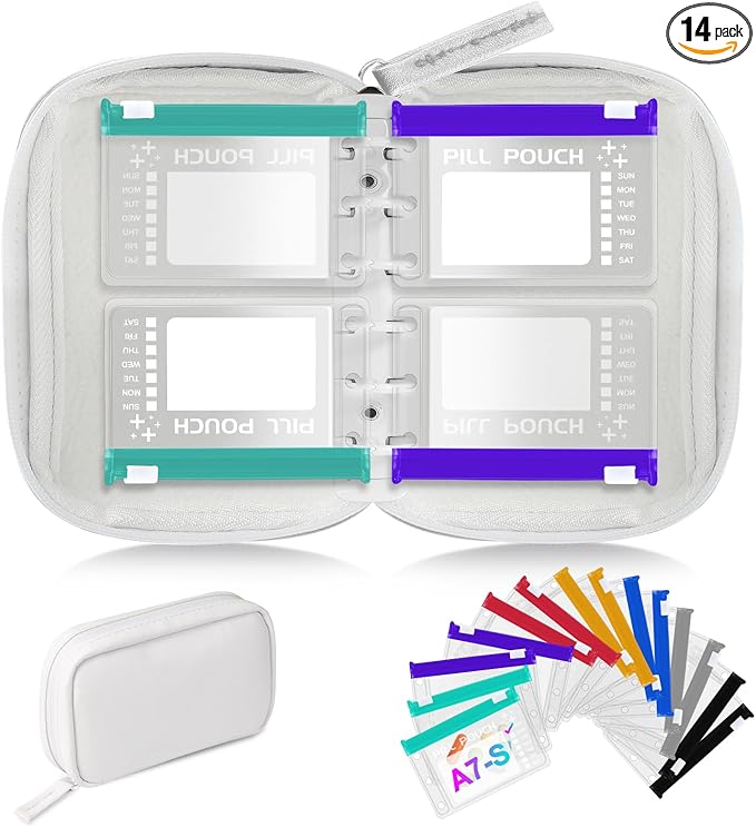 A7 Waterproof Pill Organizer with 14 S Zippered Pill Pouches for A7 Binder, Small BPA-Free Weekly Medicine Organizer, Color-Coded Reusable Travel Pill Storage System