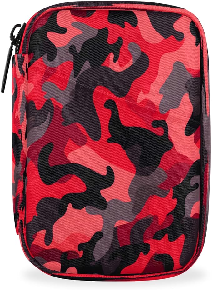 Abstract Red Camouflage Travel Pill Organizer Box Weekly Portable Pill Case Daily Pills 7 Day Small Birth Control Pills Container Removable Compartments for Medicine Vitamins Fish Oil