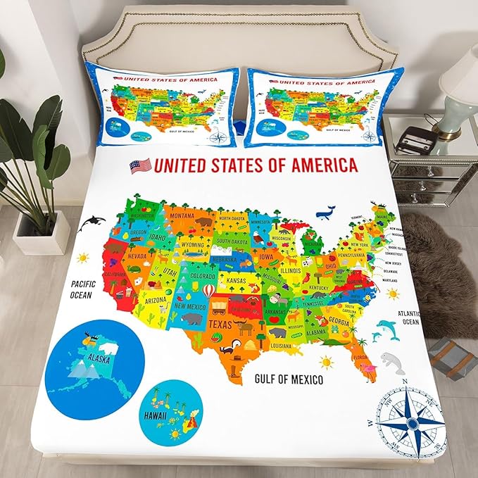 US Geography Bedding Set Full Size, Geography USA Map Bed Sheet Set for Kids Boys Girls Teens Learning Educational Fitted Sheet Educational Map Bed Cover 3Pcs (No TOP Sheet)