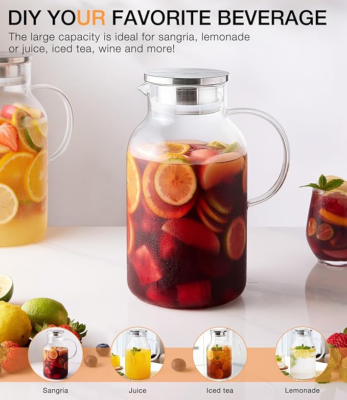 LUNA&MANTHA 1 Gallon Glass Pitcher with Lid and Spout, 128oz Water Pitcher with Handle for Fridge, Large Iced Tea Jug for Juice, Coffee, Sangria, Beverage, Borosilicate Glass Carafe Hot/Cold Drink