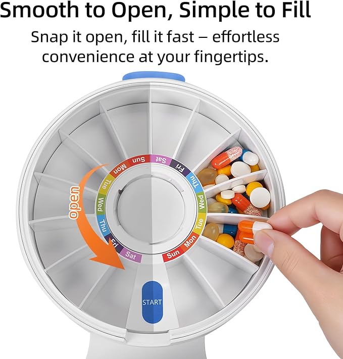 Weekly Pill Dispenser, 14 Compartment Large Pill Organizer with One-Press Button, Wall Mount or Countertop Pill Dispenser with Cup, Easy Vitamin & Medication Organizer for Elderly (Blue)