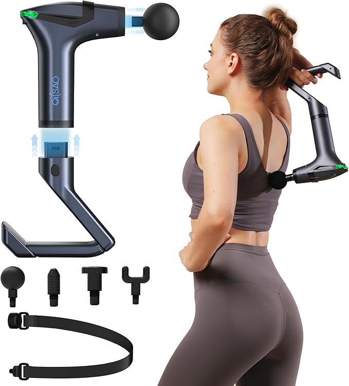 3-in-1 Detachable Percussion Massage Gun with Extension Handle & Massage Strap, Muscle Massage Deep Tissue for Back,Neck,Shoulder Pain Relief, Portable&Quiet for Travel Gym Office-12 Speeds & 4 Heads
