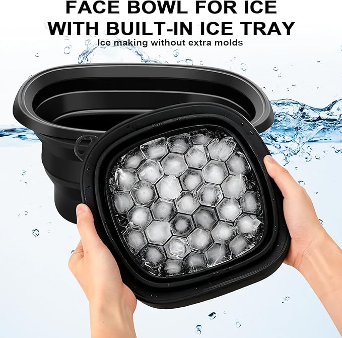 Face Bowl for Ice with Built-in Ice Tray, Collapsible Silicone Facial Face Ice Bath Bowl Reusable Face Tub for Ice Bath Foldable Portable Facial Cold Plunge Skincare for Home Ice Water Black
