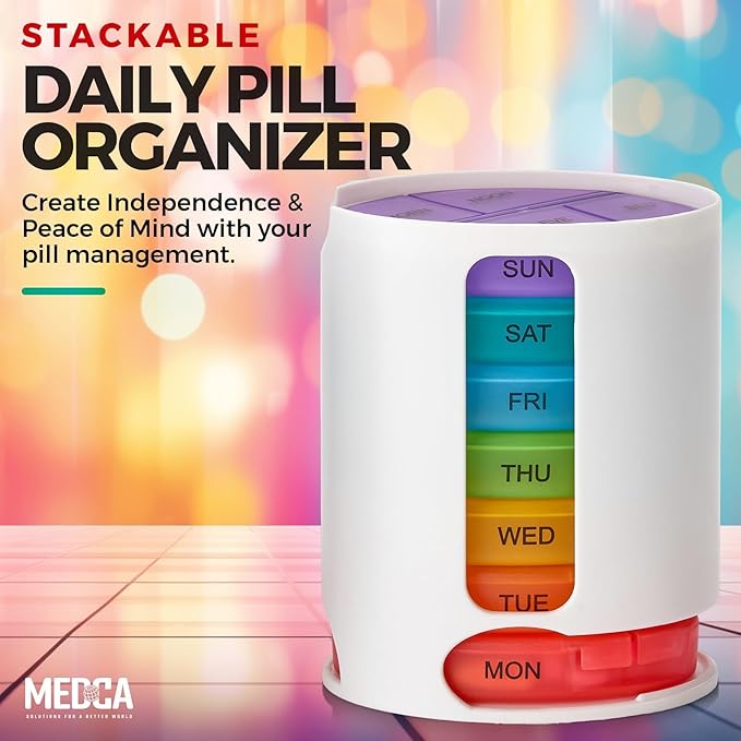 MEDca Weekly Pill Organizer, 1 Dispenser, 7 Stackable Multi-Color Compartments Four Times-a-Day - Morning, Noon, Evening, and Bedtime, White, Case of 40