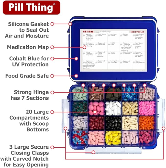 2-Pack Pill Organizer Set – Cobalt Blue | Extra-Large 20-Compartment & Customizable 12-Compartment Pill Cases | Waterproof, UV Protection, Travel Pill Box (Blue Combo Pack - 20 & 12)