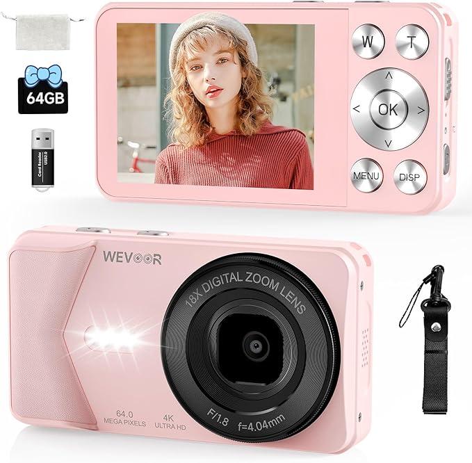 4K Digital Camera, Wevoor 64MP Point and Shoot Digital Camera with Autofocus, 18X Zoom, 20 Filters, 64GB SD Card, 2000 mAh Battery, 2.8" Screen Compact Vlogging Camera for Beginners Teens Adult(Pink)