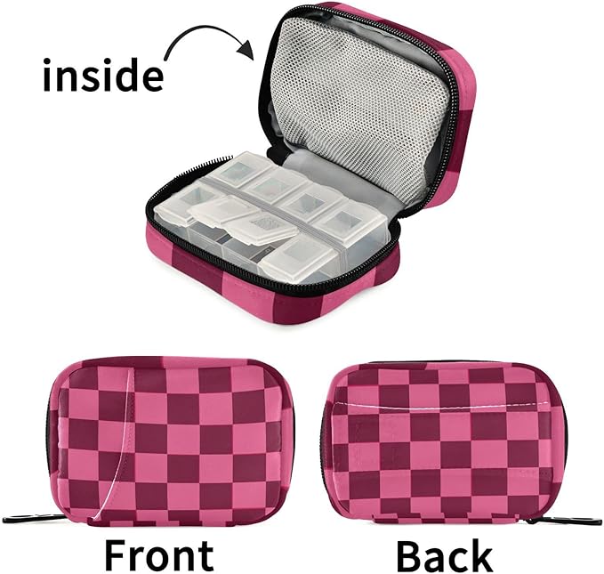 Checkered Hot Pink Cute Pill Organizer Weekly Travel Pill Box 7 Day Large Capacity Pill Dispenser Case with 8 Pill Container Daily Pill Box Organizer Vitamin Holder Pill Bot