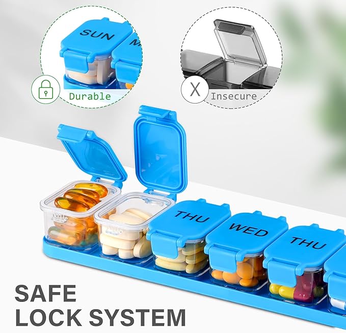 2-Pack Large Waterproof 7-Day Pill Organizer - Extra Large AM/PM Pill Boxes for Vitamins, Fish Oils & Supplements, Portable Daily Medication Dispenser