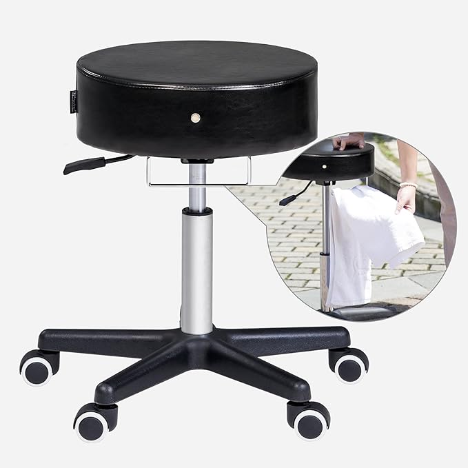 Master Massage Glider Ergonomic Round Swivel Adjustable Rolling Hydraulic Stool Barber Dental Chair in Black for Therapist, Clinic, Tattoo, Spas, Facial, Beauty, Lash, Salons, Home, Studio, Office