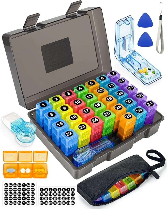 Monthly Pill Organizer 3 Times a Day – Yonlog Large Medicine Box with Weekly Travel Bag, Pill Cutter, Easy-Open Pick, Pill Taker Tool, and 2 Medication Stickers (Black, 3 Times a Day)