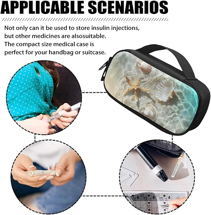 Sand Beach Starfish Insulin Cooler Travel Bag Diabetic Medications Organizer Case with Handle Portable Insulin Pen Storage Bag for Glucose Meters, Test Strips, Lancets, Syringe, Needles