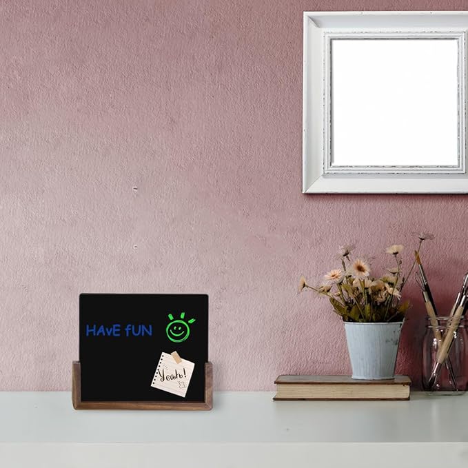 Desktop Glass Whiteboard with Walnut Wood Base,Small Dry Erase Board, Black Writing Note Pad, Desk White Board,Glassboard for Tabletop Display(Walnut Base,Glass)