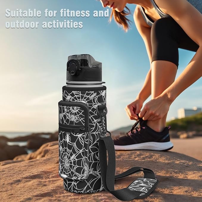 Halloween Half Gallon Water Bottle with Sleeve - Flip Top Bpa Free 32 OZ - Motivational Time Marker Leakproof Water Jug - Gothic Witchy Gifts for Women - Spider Web Snake for Gifts