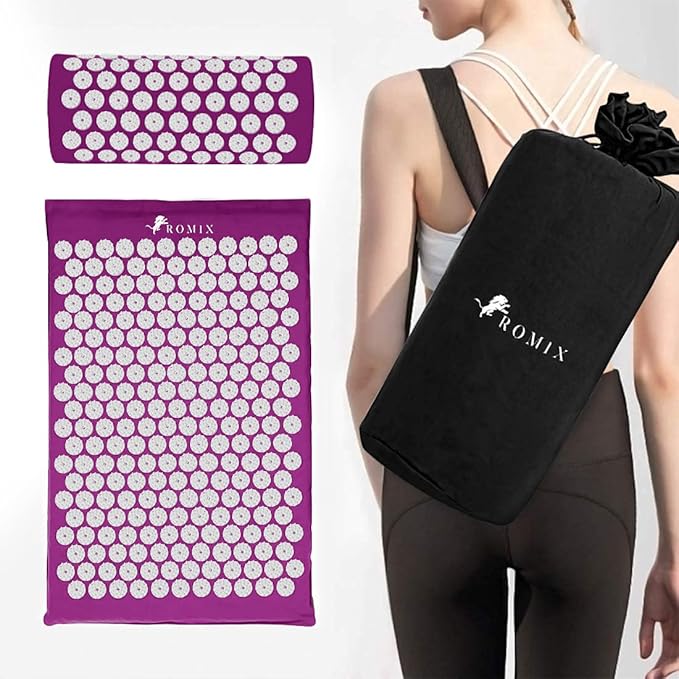 ROMIX Acupressure Mat and Pillow Set, Acupuncture Mat for Back Pain, Neck, Shoulder Pain Relief, Stress Reduction, Wellness Therapy, Cushioned Acupressure Mats with Carry Bag for Men and Women