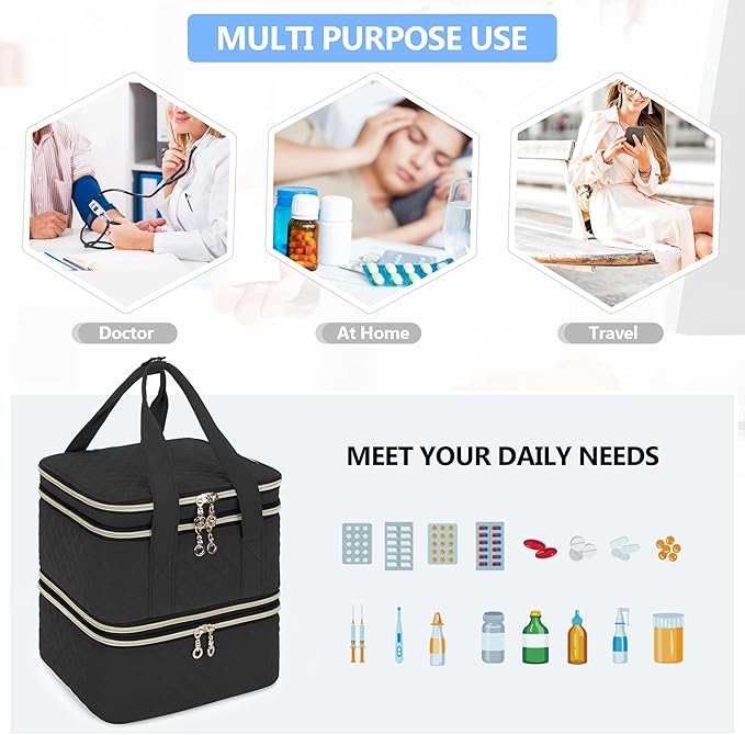 Yarwo Pill Bottle Organizer Storage Bag, 3 Layers Medicine Travel Case Empty with Demountable Design and Dividers for Pills, Potions, Vitamins and Emergency First Aid Supplies, Black (PATENT DESIGN)