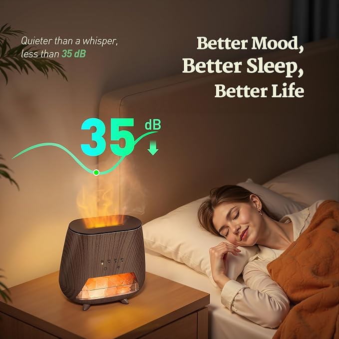 Essential Oil Diffuser for Home: 200ml Aromatherapy Diffuser with Himalayan Pink Salt Rock, Cool Mist Humidifier with Auto Off Function and 9 Colors LED Night Light for Bedroom, Black