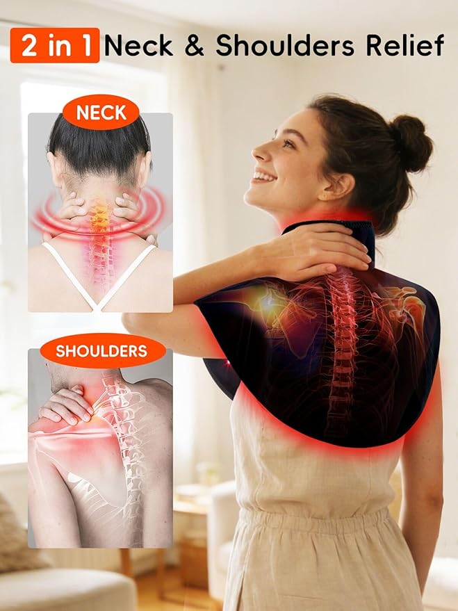 Cordless Red Light Therapy for Neck & Shoulders Pain Relief, 5000mAh 850nm Infra Device for Upper Back Muscle Relax with Timer, Rechargeable 660nm Wearable Heating Pad, for Women Men
