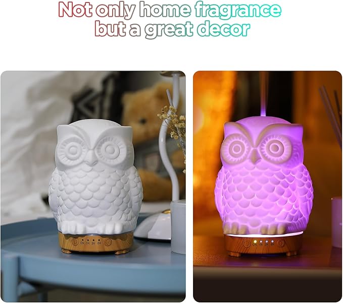 Owl Ceramic Aromatherapy Diffuser INRORANS 160ml Stone ultrasonic Cool Mist Scent Essential Oil Diffuser Humidifier with Intermittent Mist & LED 7 Colors Changing Night Light for Bedroom Office Home