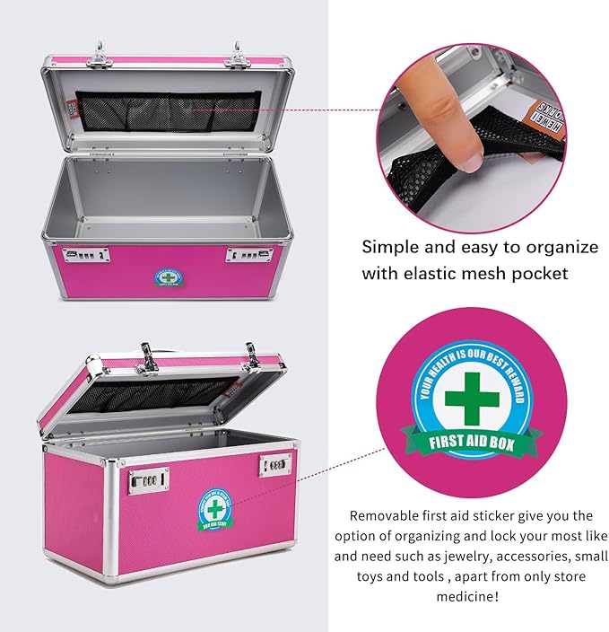 Lockable Medication Box with Portable Storage Case, 14.2''x 7.2''x 8.2'', Childproof Medicine Lock Organizer, Locking Box for Secure Cash, Jewelry, ID Documents (Pink/Large)