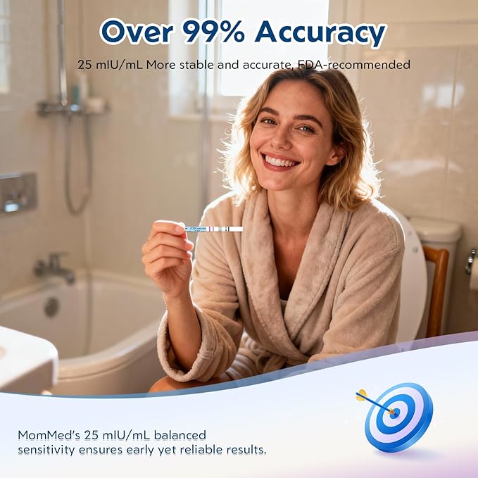MomMed Pregnancy Test, 25 HCG Pregnancy Test Strips for Early Detection, Over 99% Accurate, 25 Free Urine Cups, Bulk Pregnancy Tests for Home Use, Pruebas de Embarazo