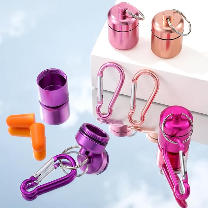 Hicarer 4 Pack Ear Plug Carrying Case, Waterproof Metal Ear Plug Holder with Keychain, Portable Small Pill Case Container for Earplugs, Jewelry, Pill Organizer for Travel or Sports(Pink, Purple)
