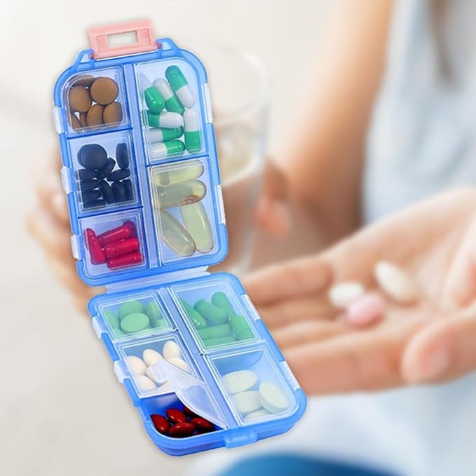 Travel Pill Organizer Portable Pocket Pill Case Small Pill Box for Purse Medicine Organizer Have 10 Compartments Storage Vitamin Fish Oil by INVODA (Blue)