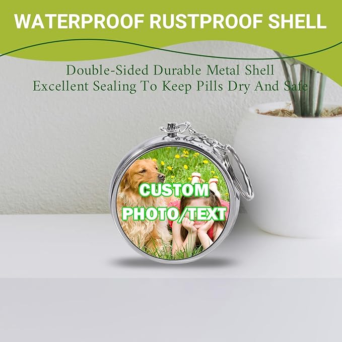 Custom Pill Box Organizer Travel With Photo,Logo,Text Personalized Metal Medicine Pill Case Waterproof Tablet Vitamin Holder Organizer for Purse Pocket Travel Gifts with Mirror&Key Rings 3 Compartment