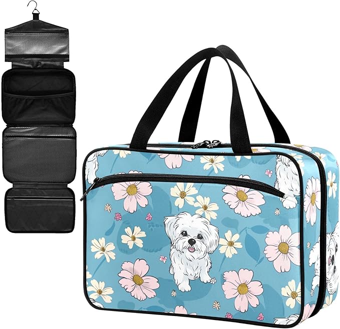 Fustylead Cute Cartoon Maltese and Daisy Flowers Large Medical Supplies Organizer Bag with Zipper Empty First Aid Bag Trauma Kit for Traveling Hiking Camping