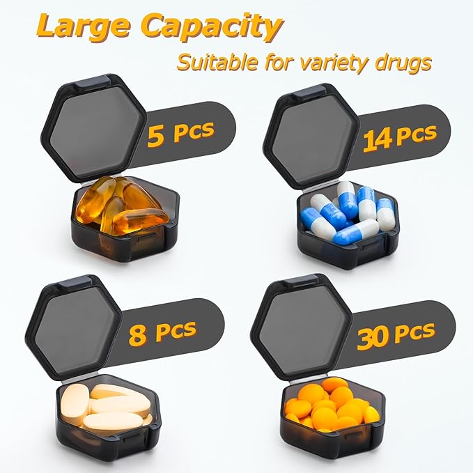 Small Pill Box, 7 Packs Travel Pill Case, Portable BPA Free Mini Organizer for Pocket Purse, Daily Medicine Vitamin Container, Fish Oil and Supplement Storage
