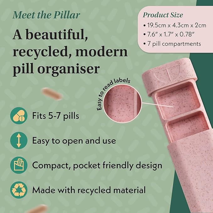 Pillar - 7 Day Pill Box Organiser | BPA-Free Wheat Straw Pill Organiser | Beautiful Tablet Organiser for Travel and Home (Soft Pink)