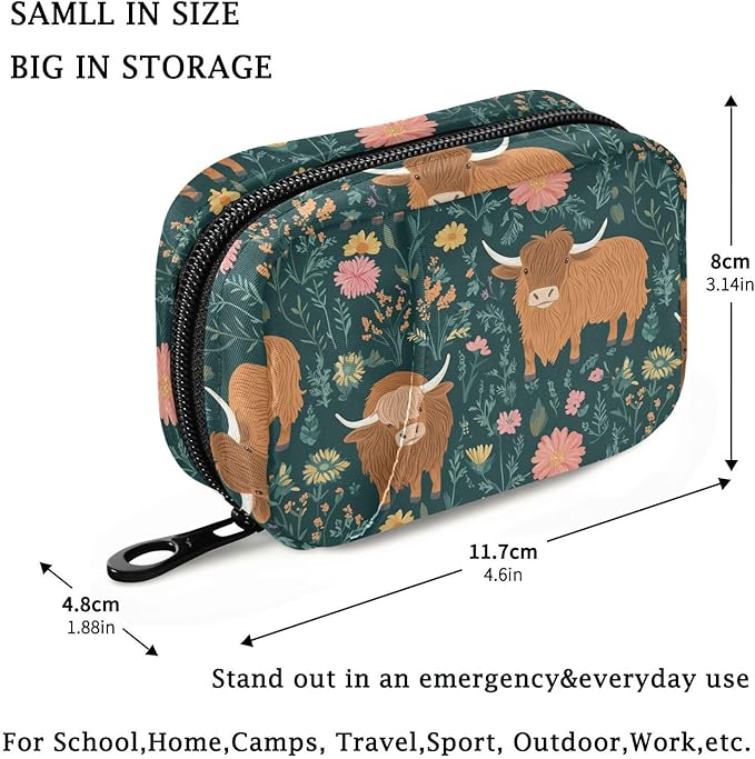 Fustylead Cute Shaggy Highland Cows on Meadow Pill Organizer Travel Bag, Small Portable Pill Case Cute for Vitamin Fish Oil Supplements Medicine Organizer with Zipper