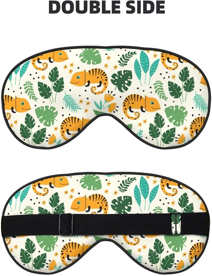 Cute Chameleons and Tropical Leaves Sleep Mask Eye Mask with Adjustable Strap Eye Sleep Shade Cover Blocks Light for Women Men Airplane Travel Nap