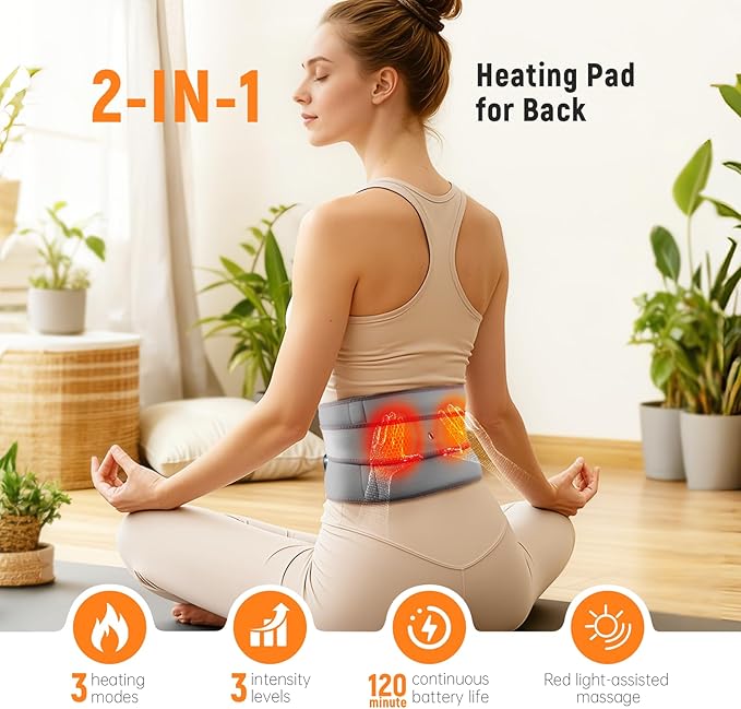 Cordless Heating Pad for Back, 47.2" Extendable Wearable Heating Pad with 3 Heat & Vibration Massage, 5000mAh Battery-Powered for Long Workdays & Cold Weather - Black (Grey)