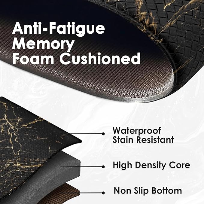 Arttown Anti-Fatigue Kitchen Rug Set of 2 Marble Black Gold Abstract Cushioned Floor Mat, Standing Waterproof Non-Slip Mat and PVC Ergonomic Comfort Foam Rug for Kitchen