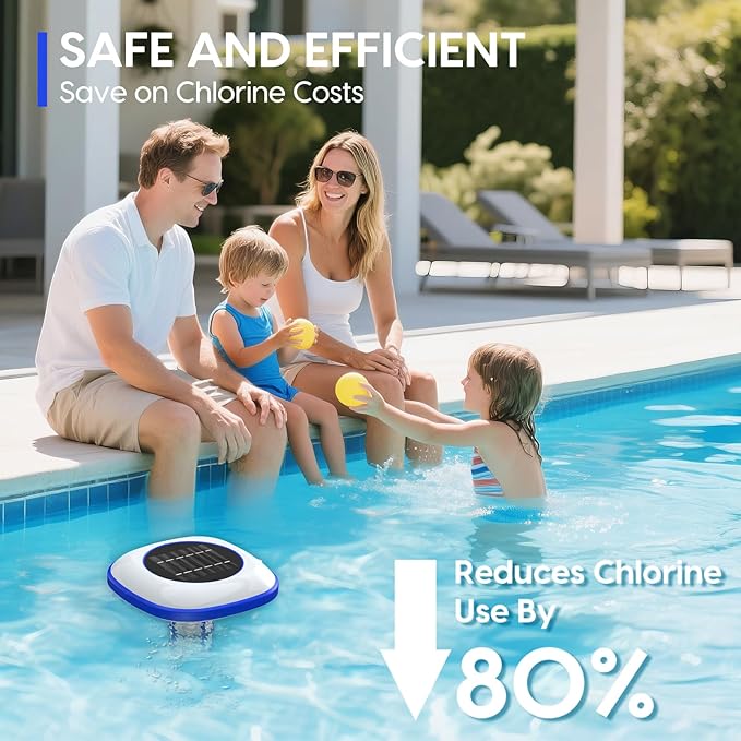 Solar Pool Ionizer Floating Water Cleaner, 85% Less Chlorine, Keeps Pool Water Crystal Clear for Fresh and Salt Water Pools Spas, Reusable