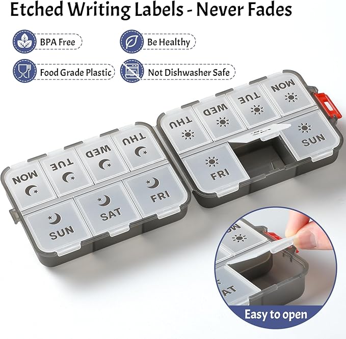 Foldable & Portable Weekly Pill Organizer 2 Times A Day with Etched Labels, Clear Black + 3 Pack, 14 GRIDS Travel Pill Organizer Box
