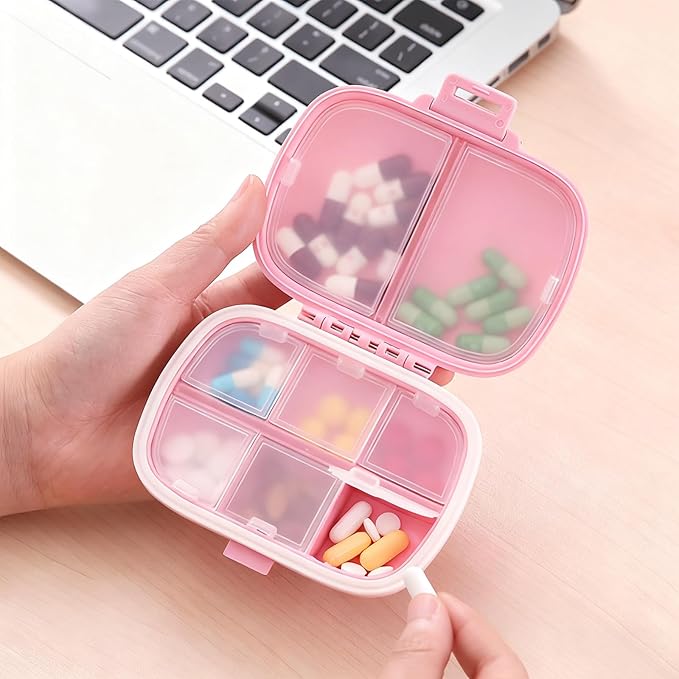 2PCS INVODA Pill Organizer Travel Pill Box 8 Compartments Moisture Proof Small Pill Case for Pocket Purse Daily Pill Container Portable Medicine Fish Oil Vitamin Holder