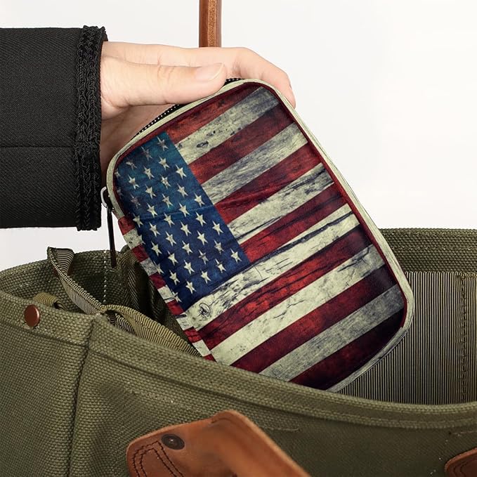 Vintage American Flag Travel Pill Organizer Box Weekly Portable Pill Case Daily Pills 7 Day Small Birth Control Pills Container Removable Compartments for Medicine Vitamins Fish Oil