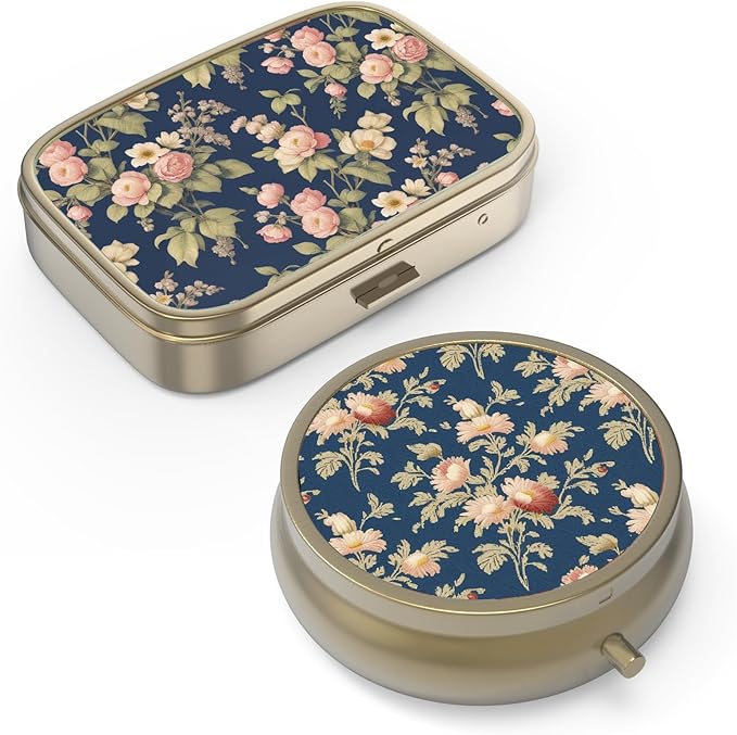 Pill Case Pill Box with Mirror Retro Small Pill Case for Purse or Pocket Bronze Pill Box or Vitamins, Fish Oil, Supplements, Pill Containe Travel Gifts（2PCS）