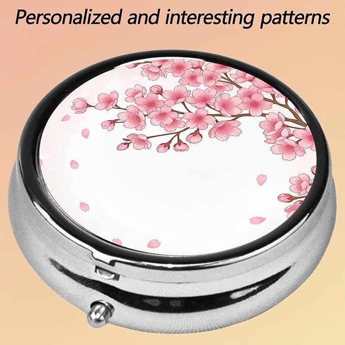 Round Pill Case Small Pill Box with Mirror Pocket 3 Compartment Vitamin Pill Medicine Case Organizer Pill Containers for Traveling Cherry Blossom