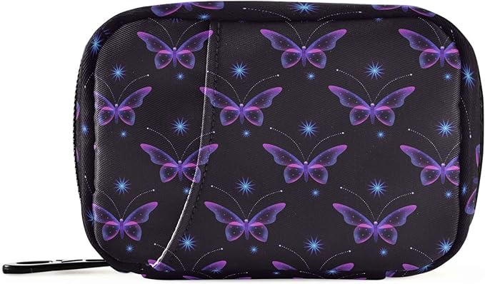 Travel Pill Organizer Bag Weekly Pill Organizer Case Glittering Magic Butterfly Portable Small Daily Pill Boxes for Vitamin Fish Oils Supplement Holder with Zipper Compact Size