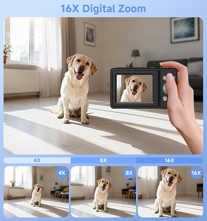 Digital Camera,56MP Dual-Screen Point and Shoot Camera with Auto Focus,Smile Capture,Anti-Shake,16X Zoom,32GB SD Card Travel Camera Gift for Boys Girls Teens